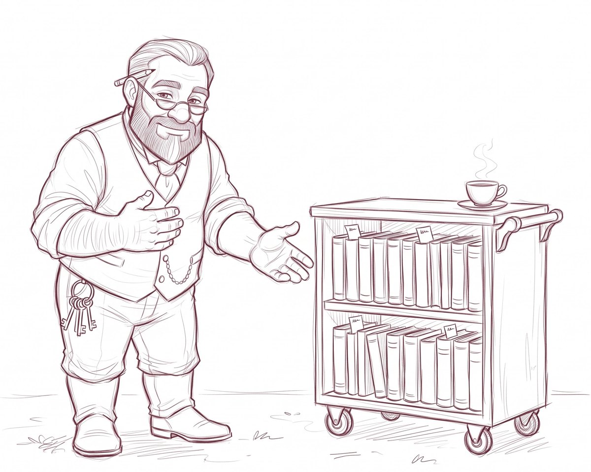 Earl the dwarf butler, half-moon spectacles and a ring of keys, presenting his library cart with a cup of tea on top